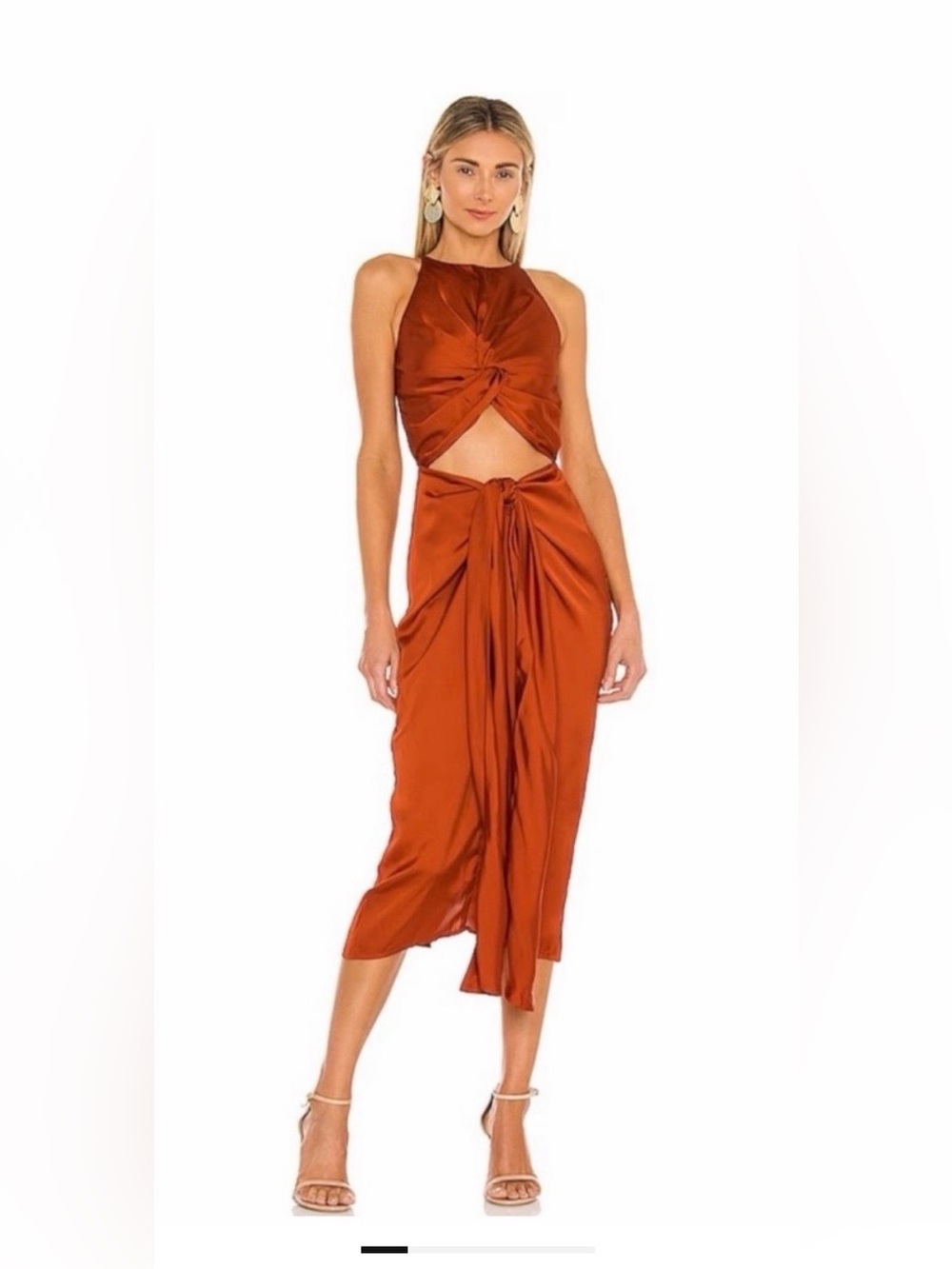 Andrea Iyamah Rust Satin Twist Front Midi Dress